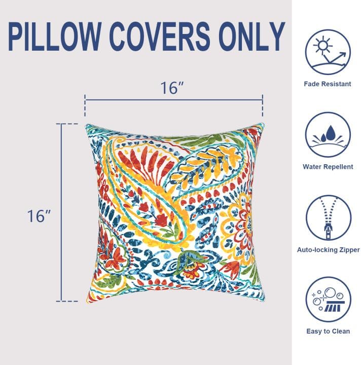 2 Pack Paisley Multi 16x16 Outdoor Throw Pillows With Inserts