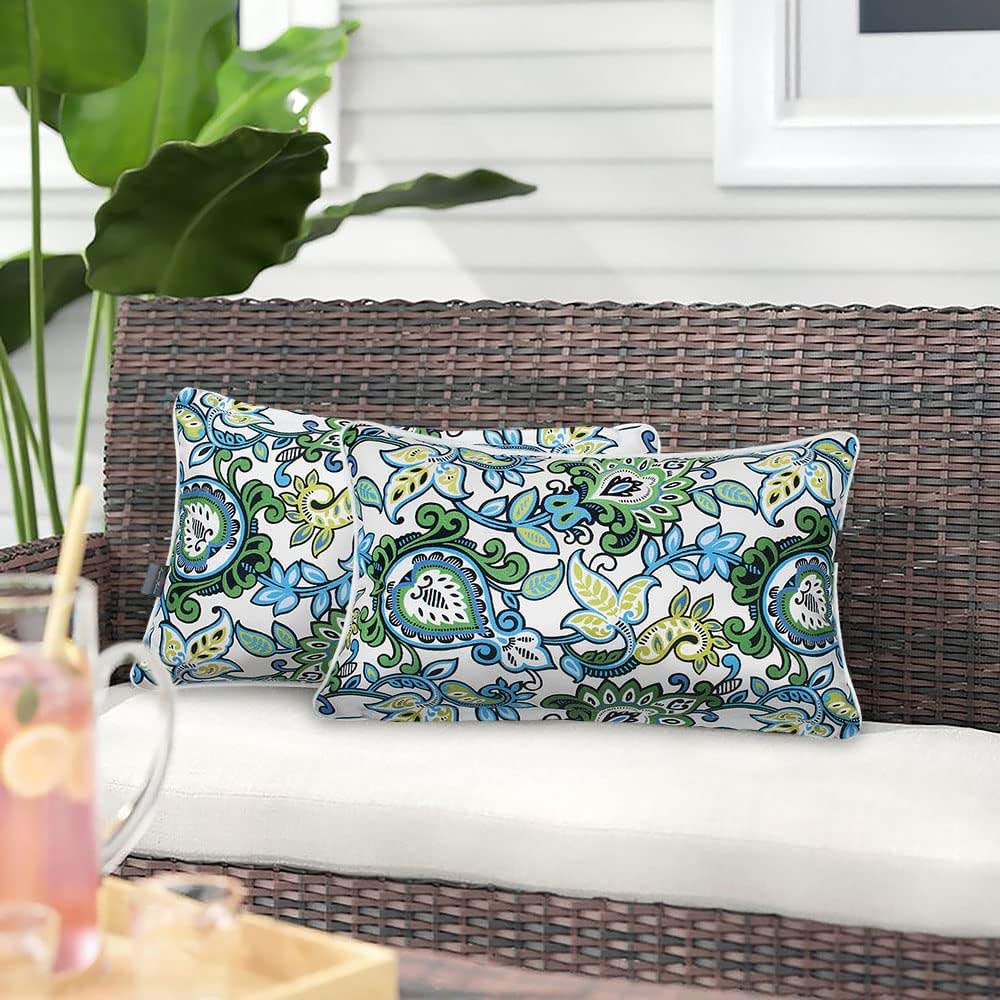 2 Pack Botanical Blue Green Outdoor Lumbar Pillows With Inserts