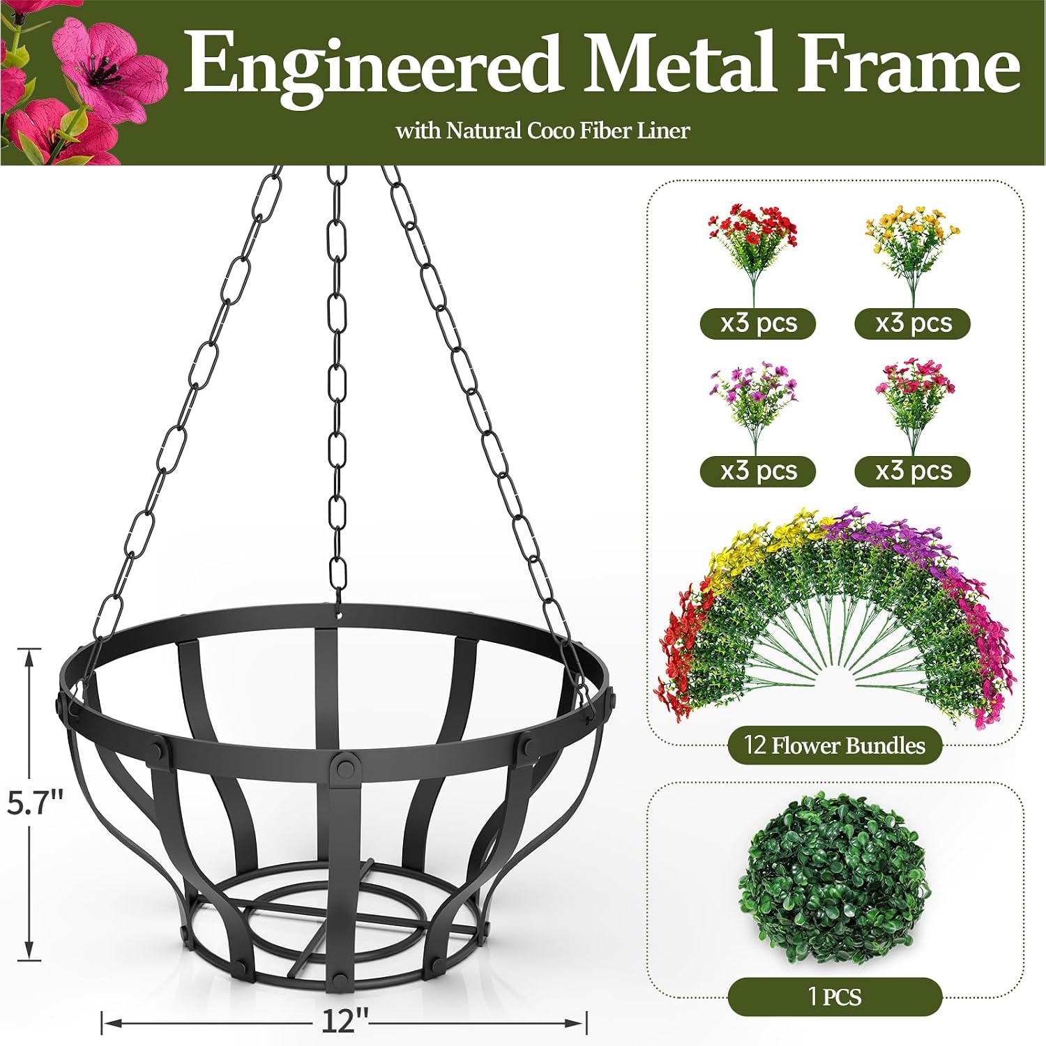Metal Baskets UV Resistant Artificial Flowers