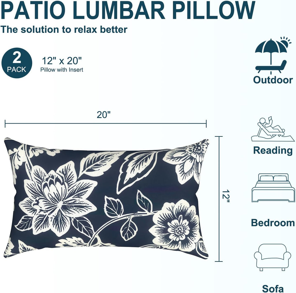 2 Pack Navy Vines Outdoor Lumbar Throw Pillows With Inserts