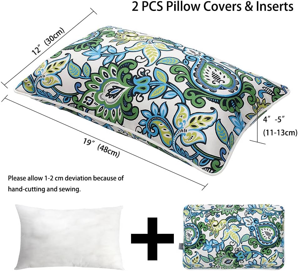 2 Pack Botanical Blue Green Outdoor Lumbar Pillows With Inserts