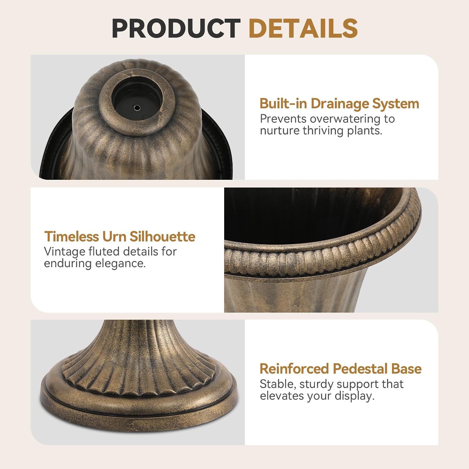 2 Bronze Pedestal Plastic Urn Planters