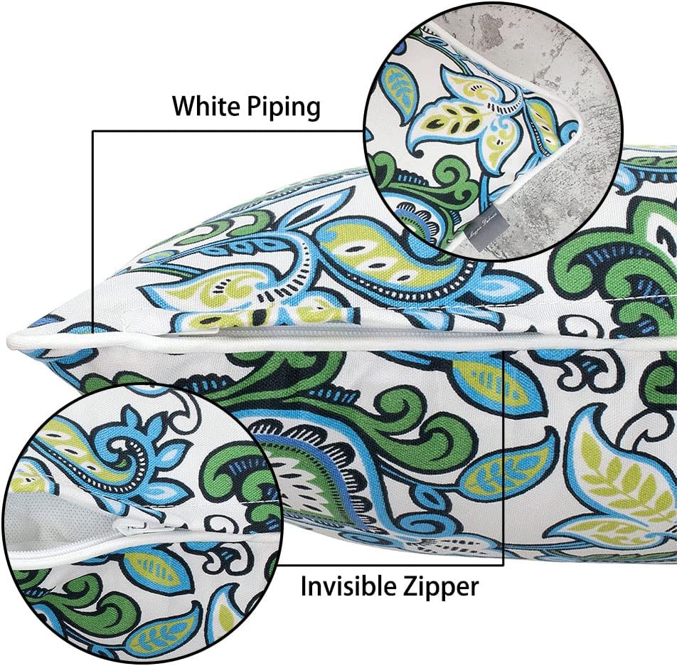 2 Pack Botanical Blue Green Outdoor Lumbar Pillows With Inserts