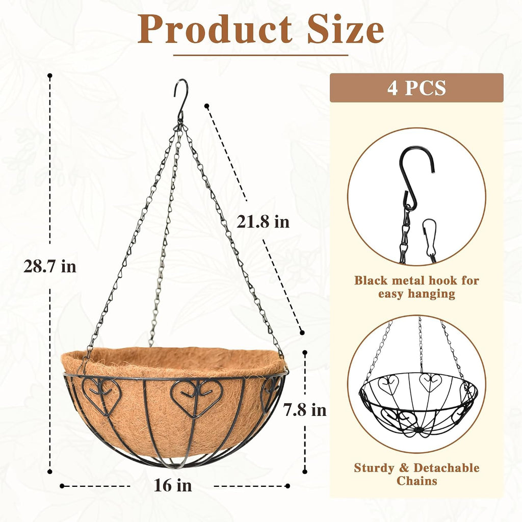 4 Pack Metal Hanging Baskets Coco Coir Liner