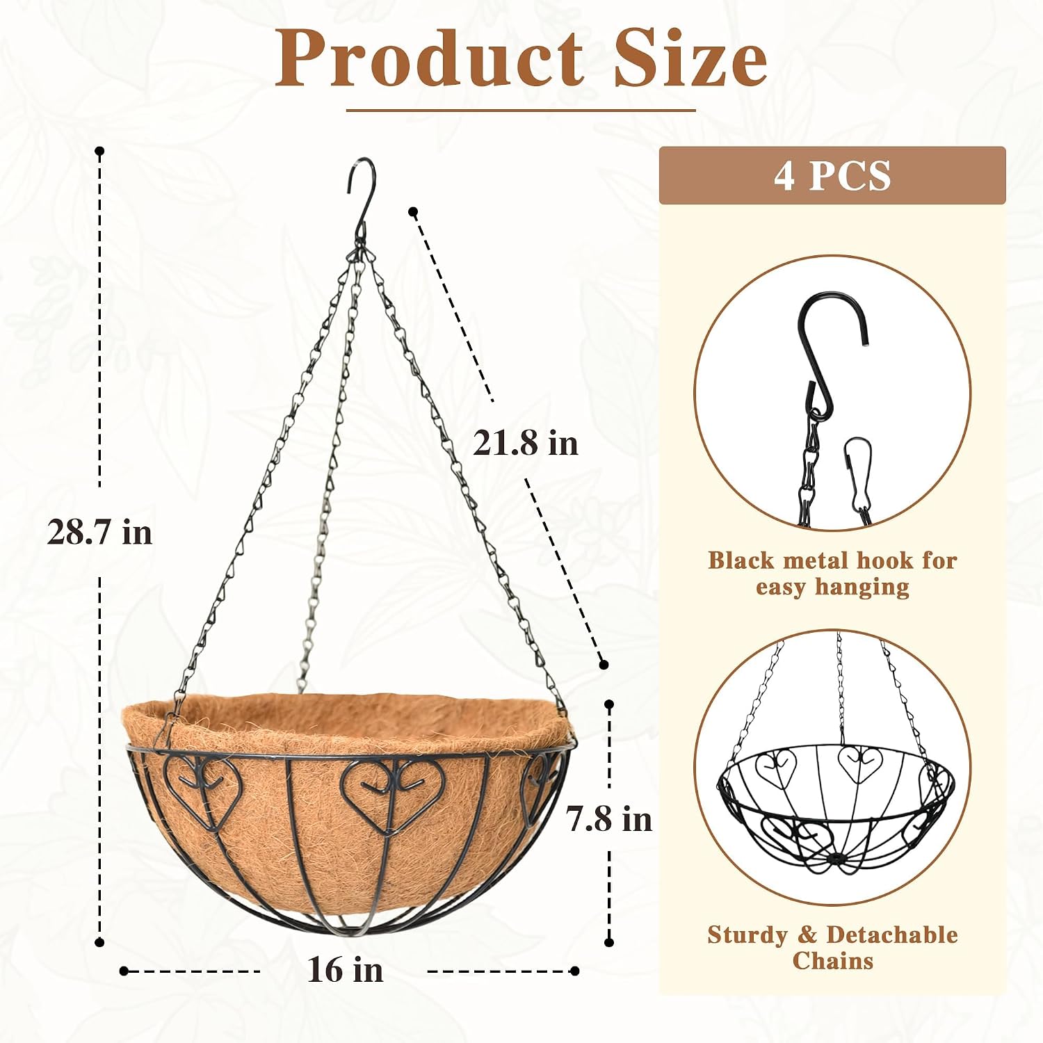 4 Pack Metal Hanging Baskets Coco Coir Liner