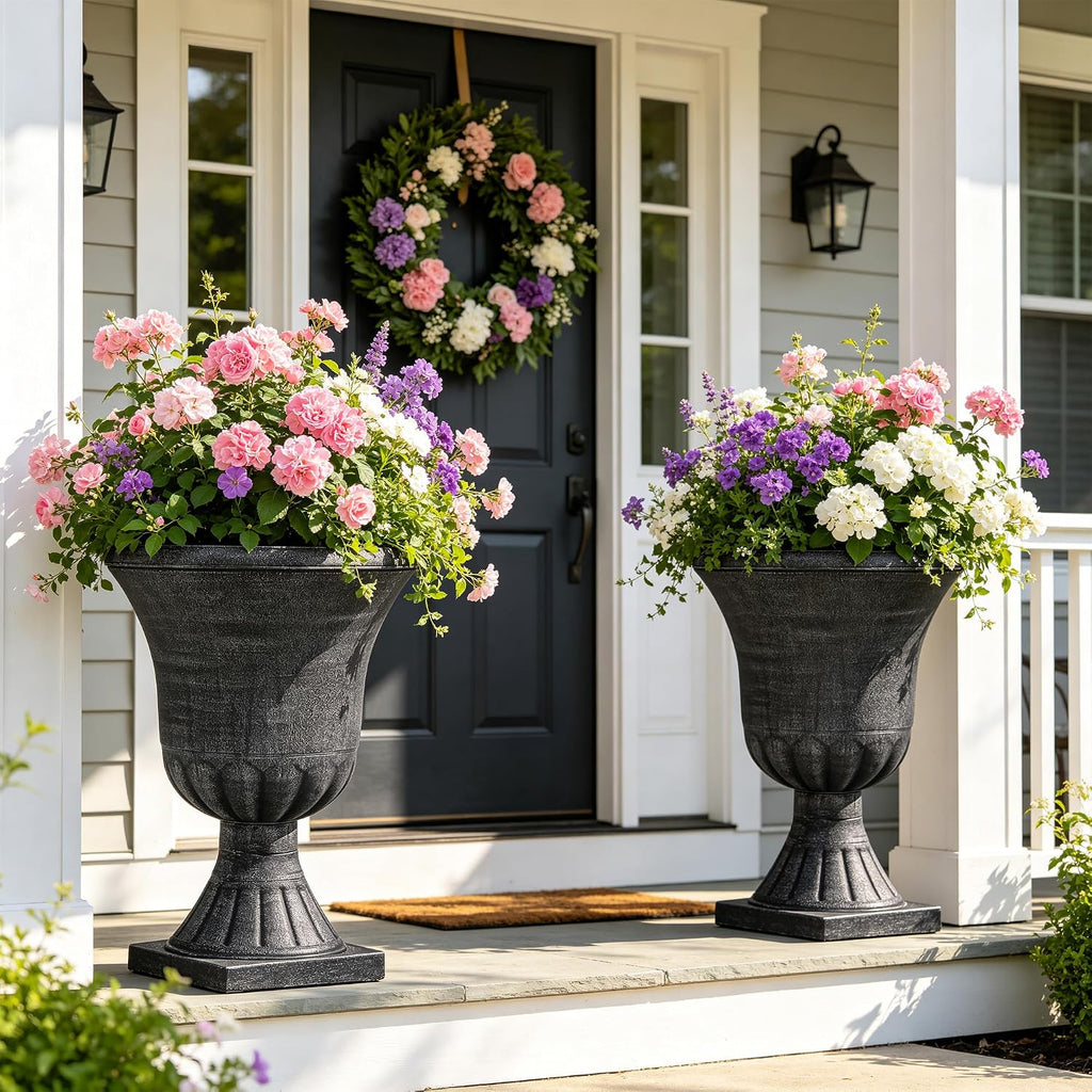 2 Washed Black Plastic Urn Planters