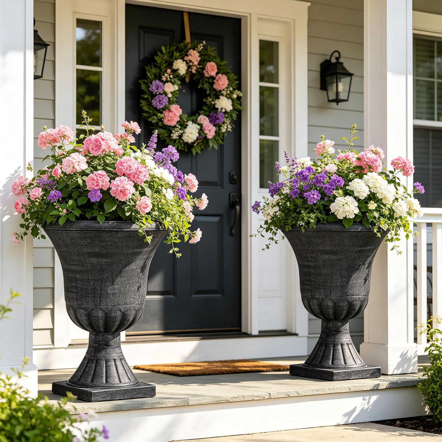 2 Washed Black Plastic Urn Planters