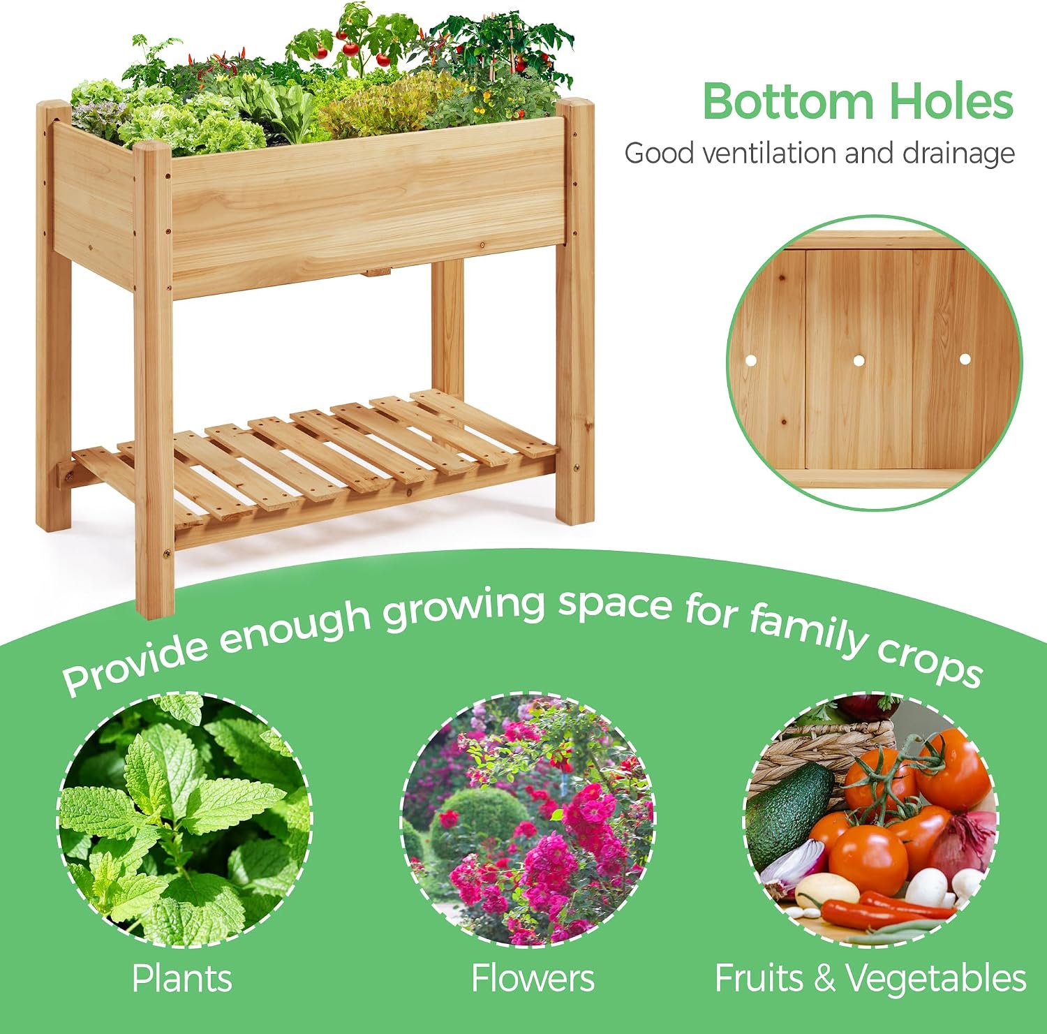 Fir Wood Elevated Garden Planter With Shelf