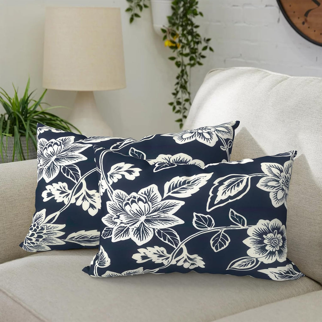 2 Pack Navy Vines Outdoor Lumbar Throw Pillows With Inserts
