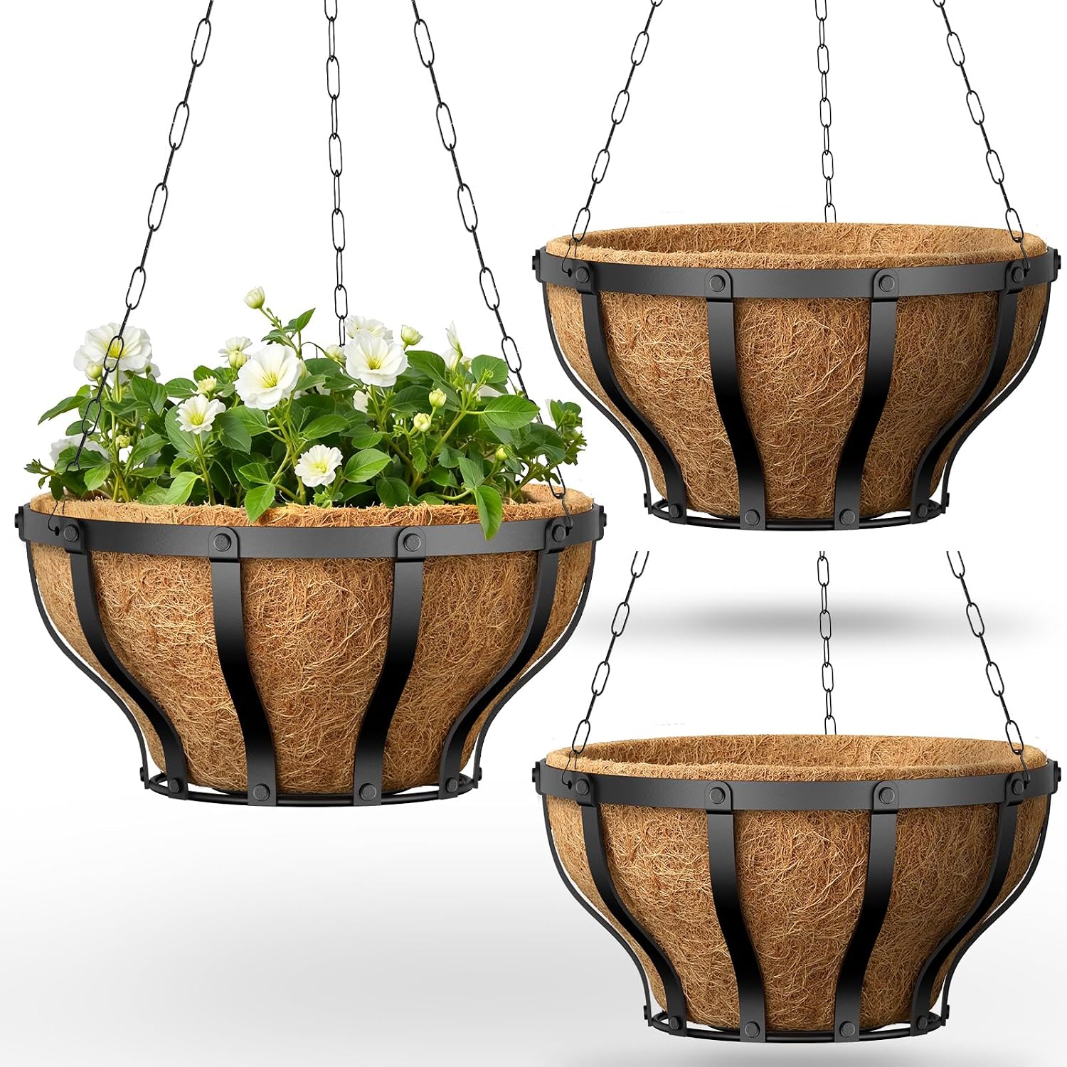 3 Pack Wrought Iron Hanging Baskets Coco Liner