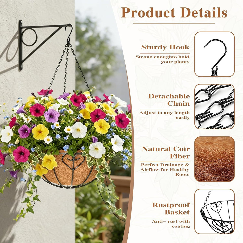 4 Pack Metal Hanging Baskets Coco Coir Liner