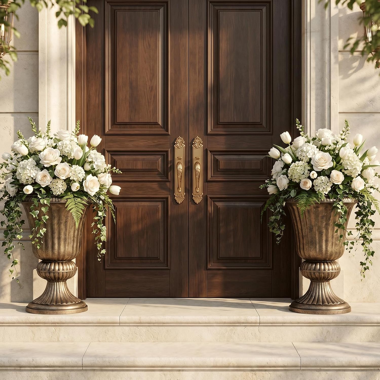 2 Bronze Pedestal Plastic Urn Planters