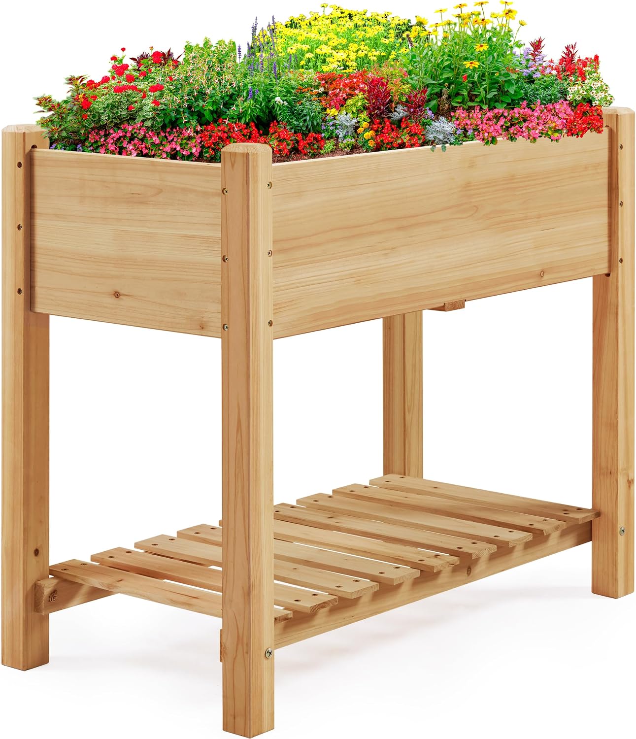 Fir Wood Elevated Garden Planter With Shelf