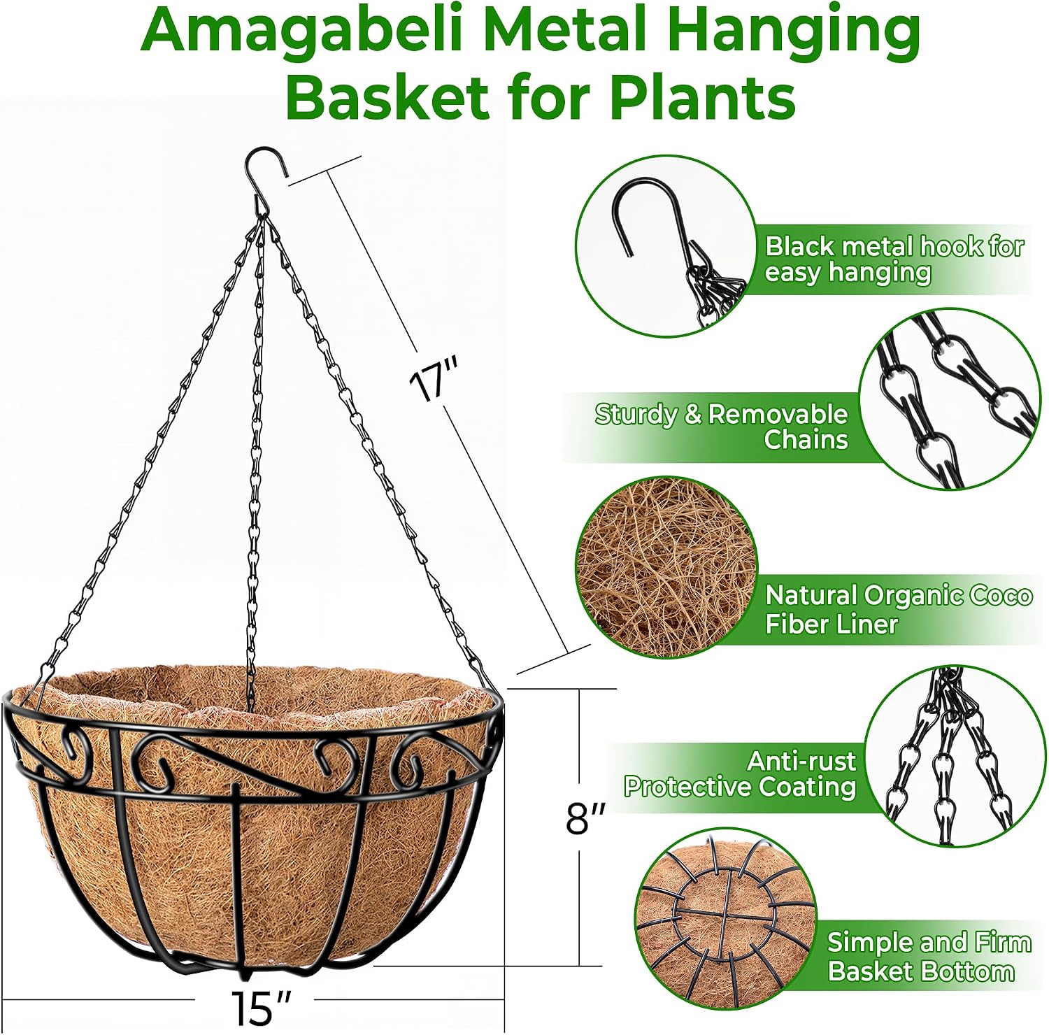 4 Pack Metal Hanging Baskets Coco Fiber Liners