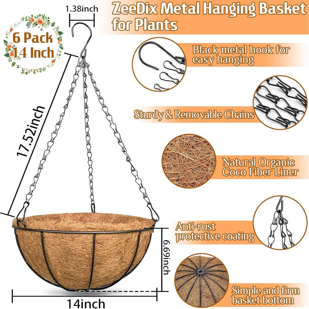6 Pack Metal Hanging Baskets Coconut Liners