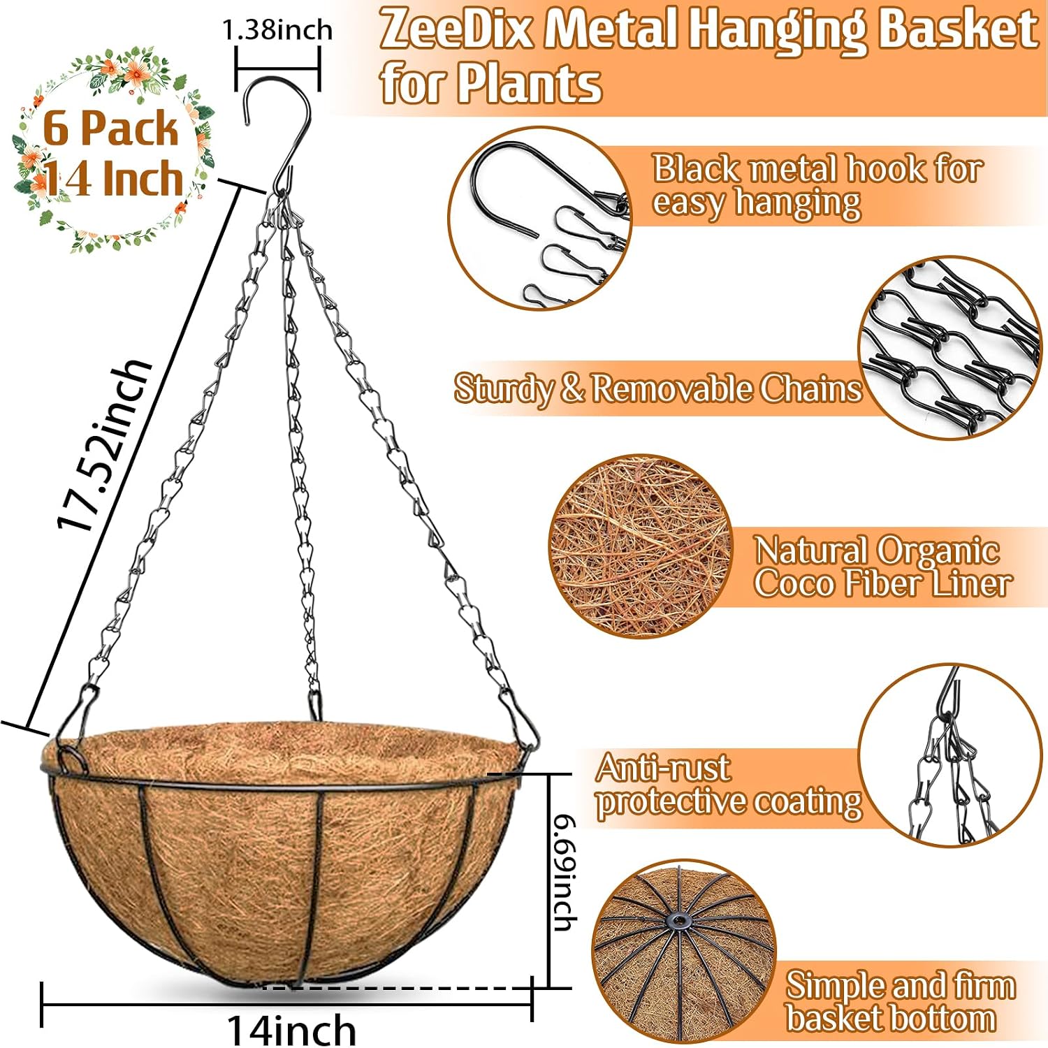 6 Pack Metal Hanging Baskets Coconut Liners
