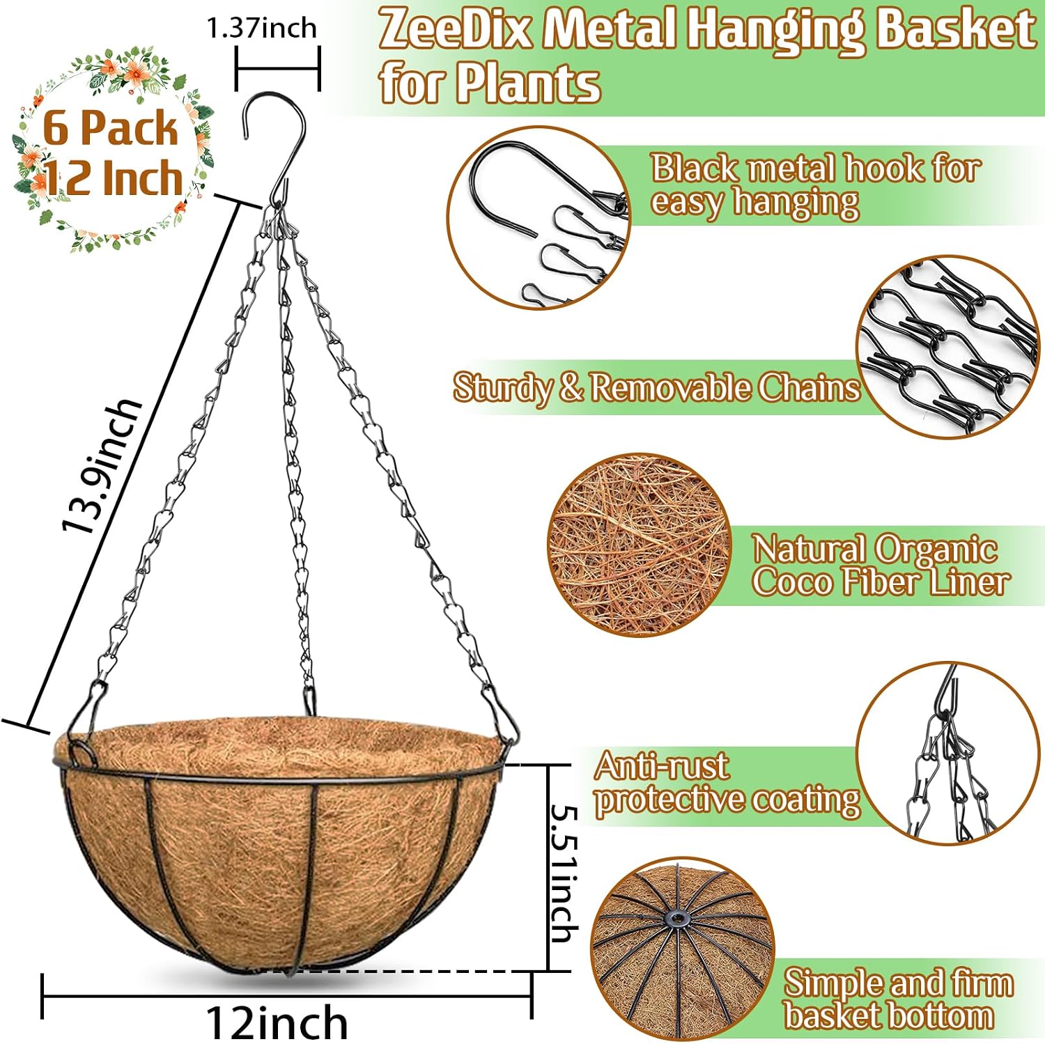 6 Pack Metal Hanging Baskets Coconut Liners