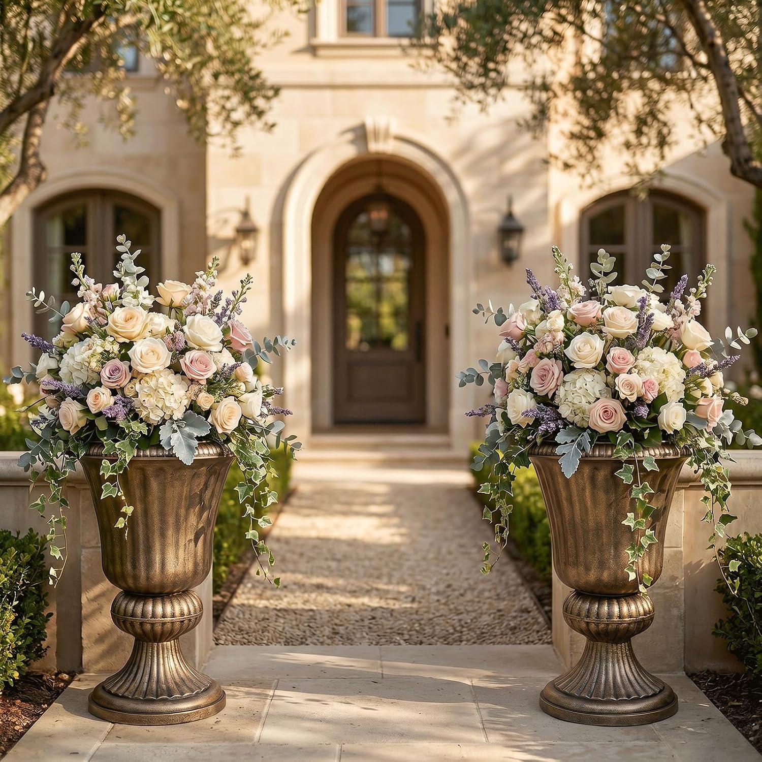 2 Bronze Pedestal Plastic Urn Planters