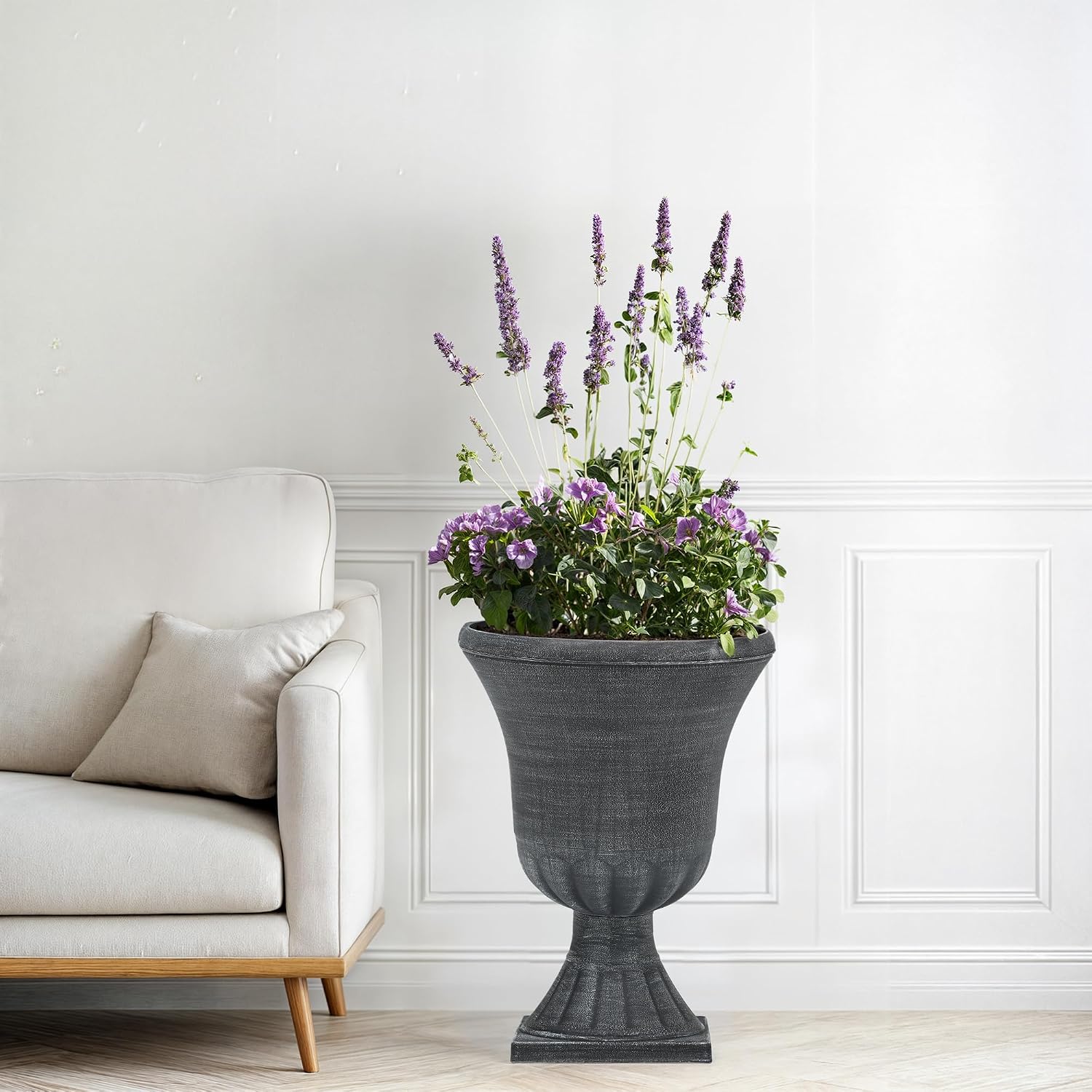 2 Washed Black Plastic Urn Planters