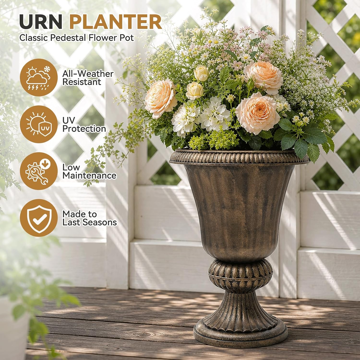 2 Bronze Pedestal Plastic Urn Planters