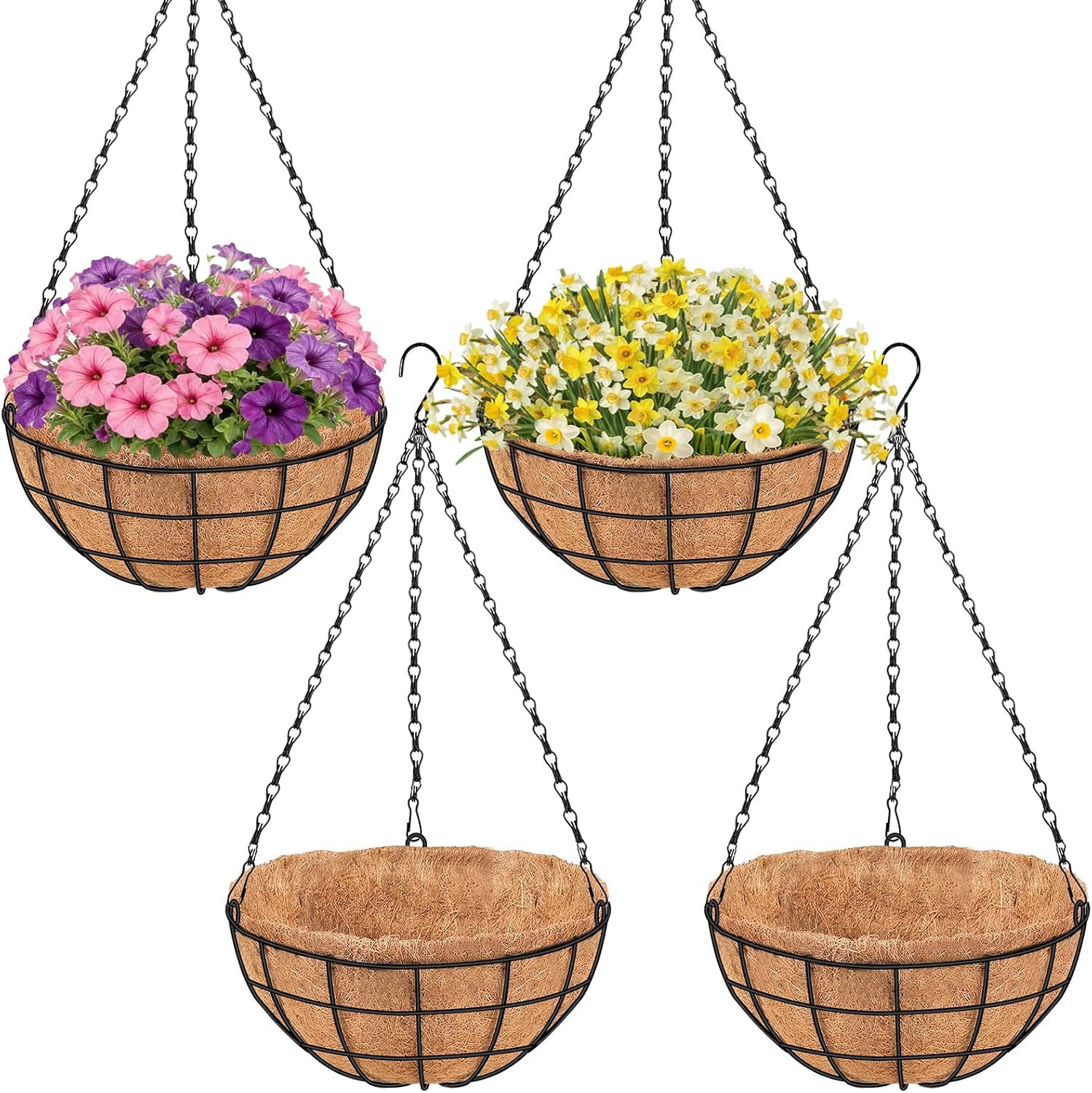 4 Pack Metal Hanging Baskets With Coir Liners