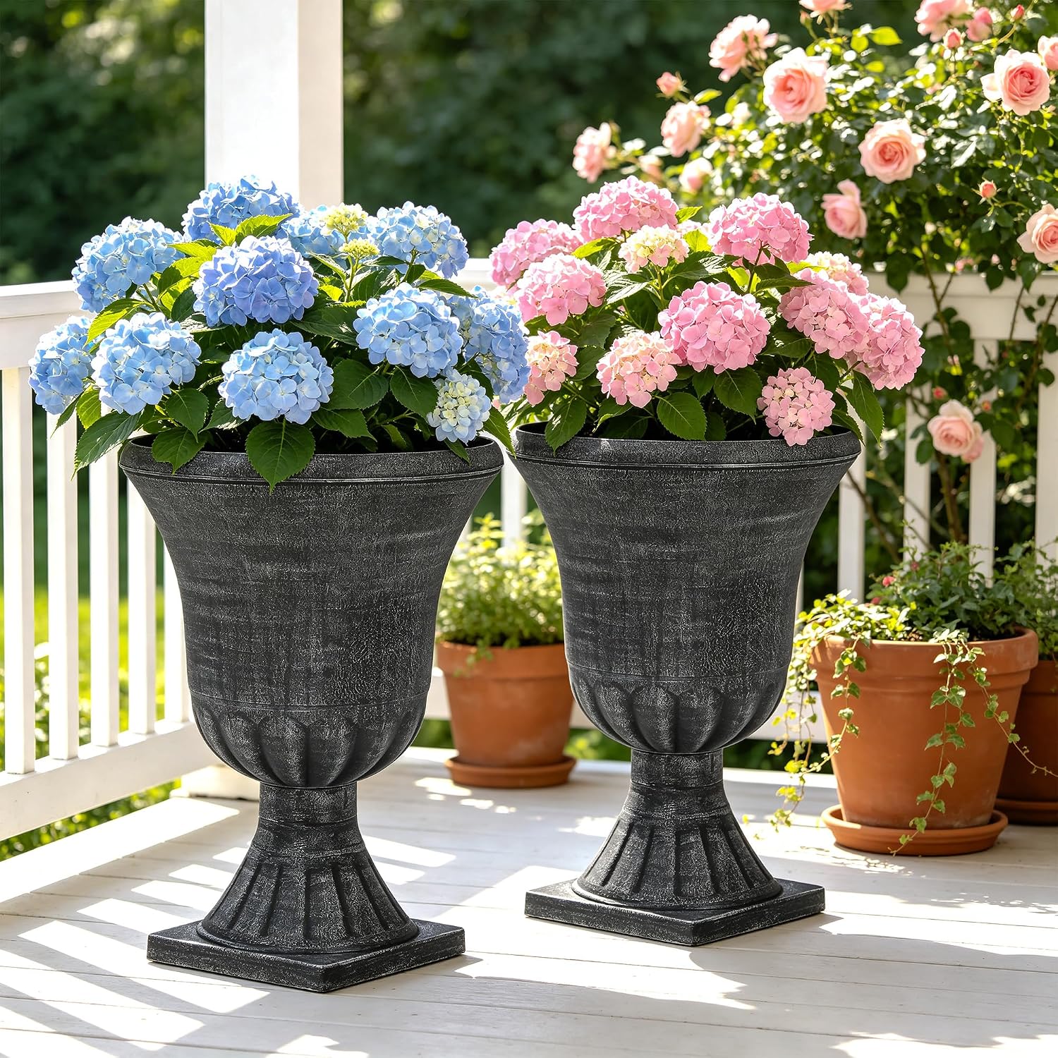 2 Washed Black Plastic Urn Planters
