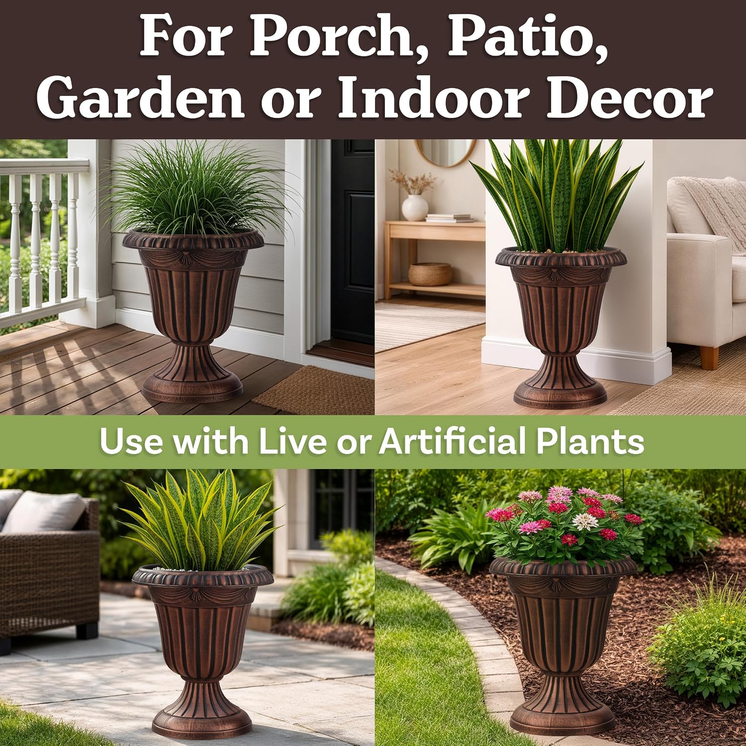 2 Rustic Bronze Plastic Urn Planters