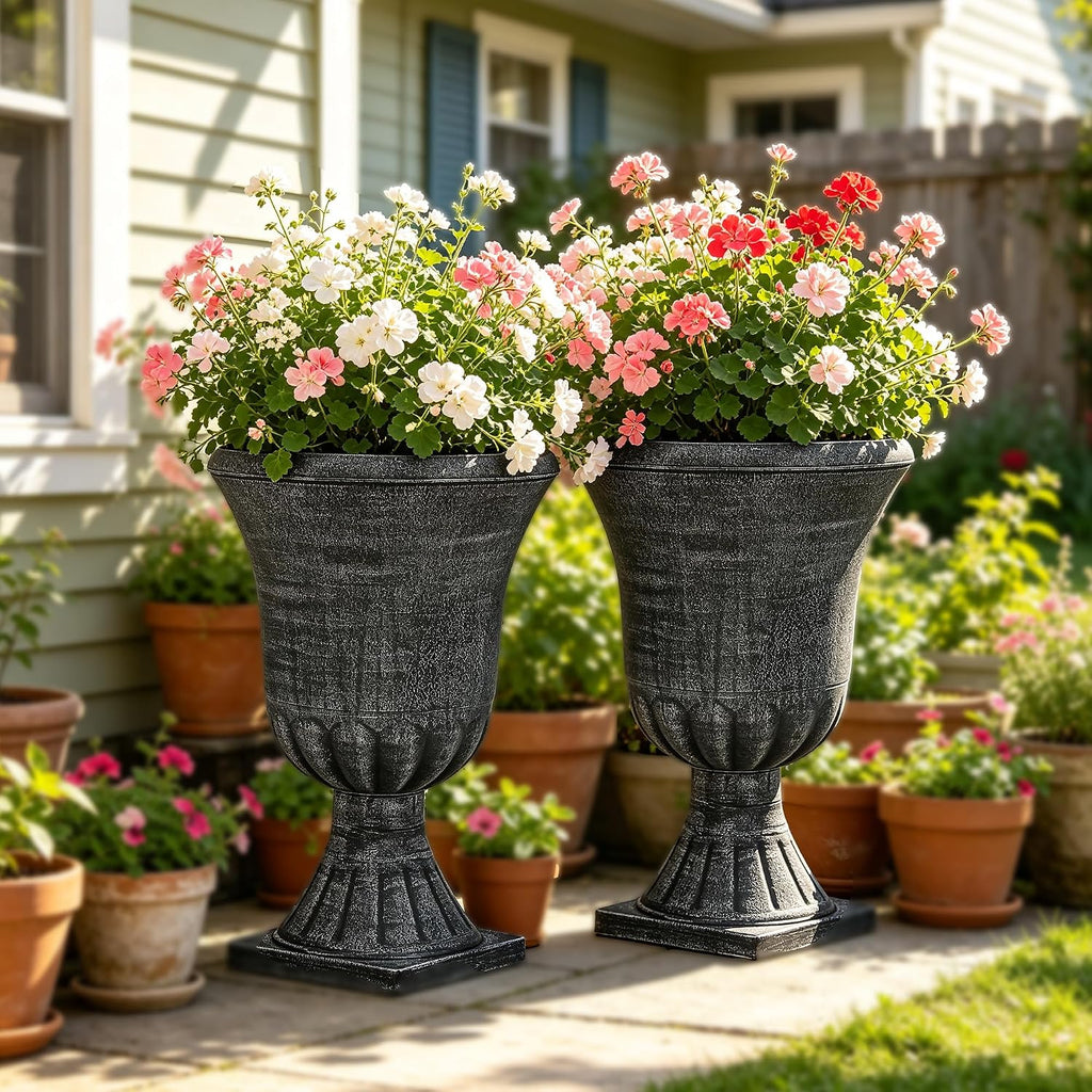 2 Washed Black Plastic Urn Planters