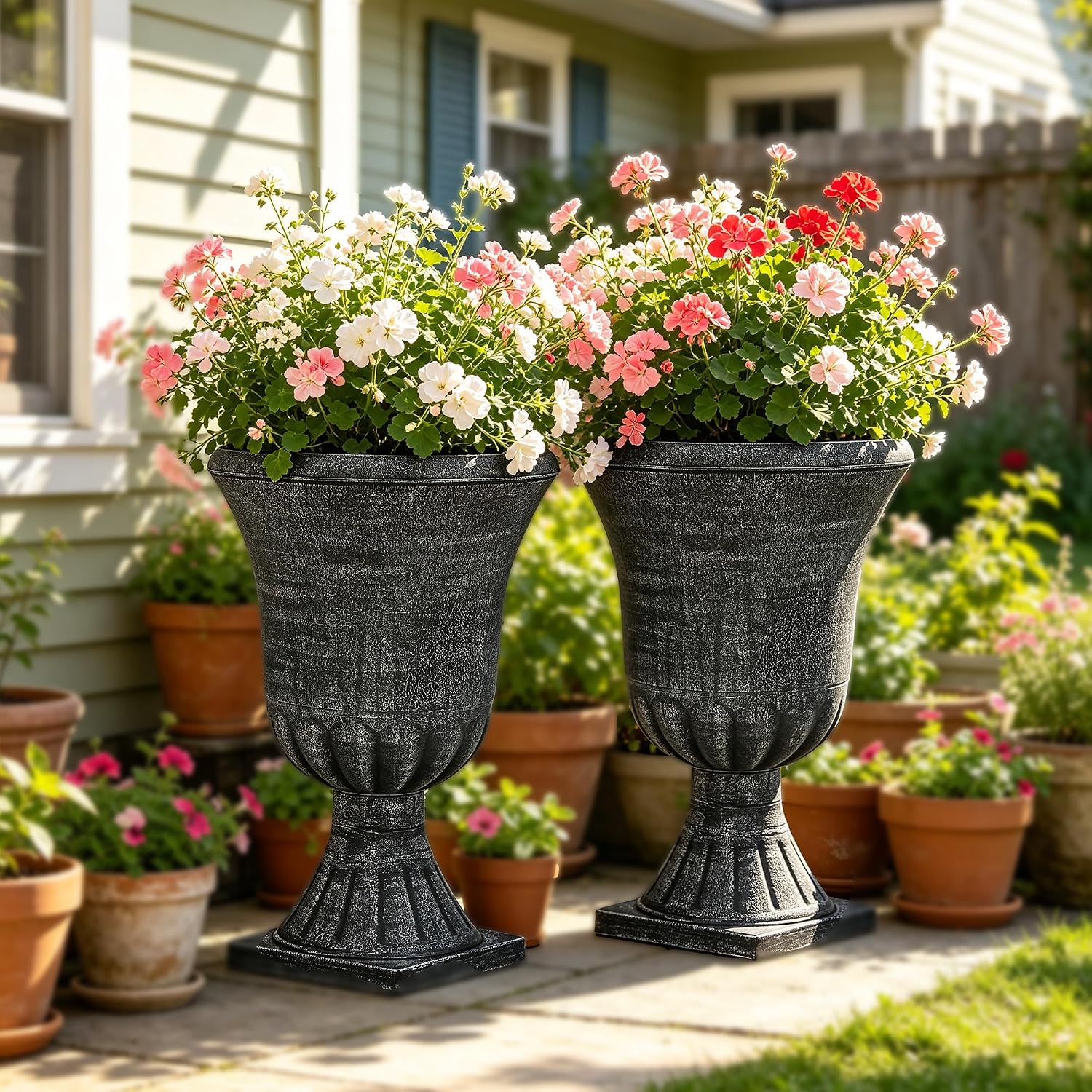 2 Washed Black Plastic Urn Planters