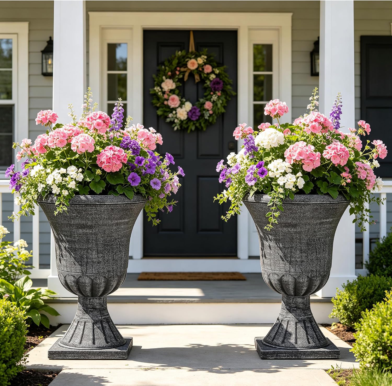 2 Washed Black Plastic Urn Planters