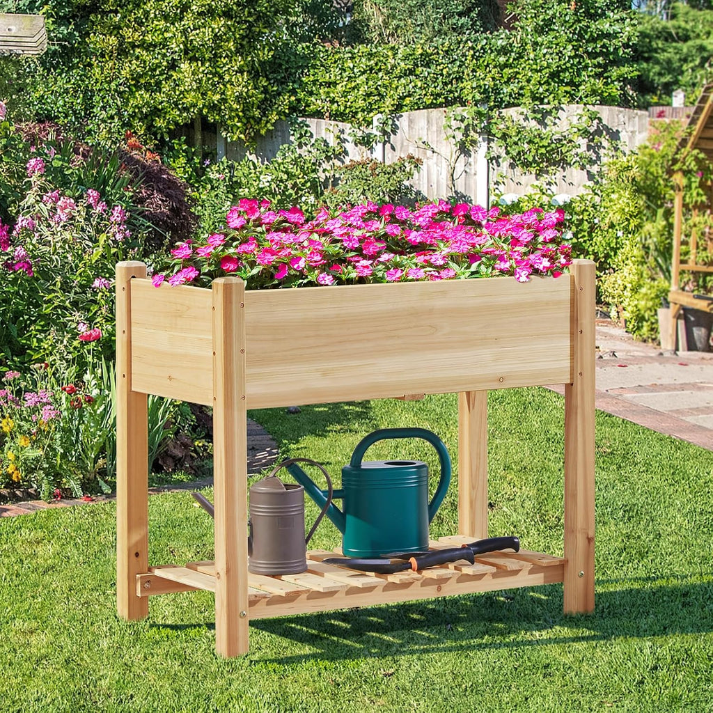 Fir Wood Elevated Garden Planter With Shelf