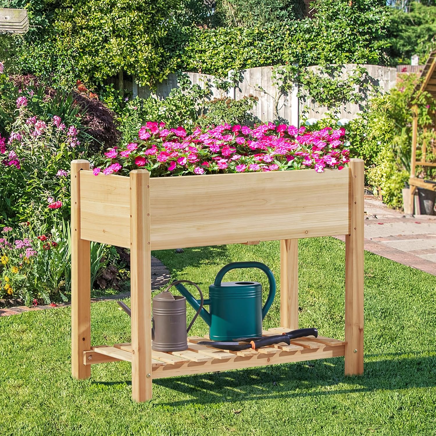 Fir Wood Elevated Garden Planter With Shelf