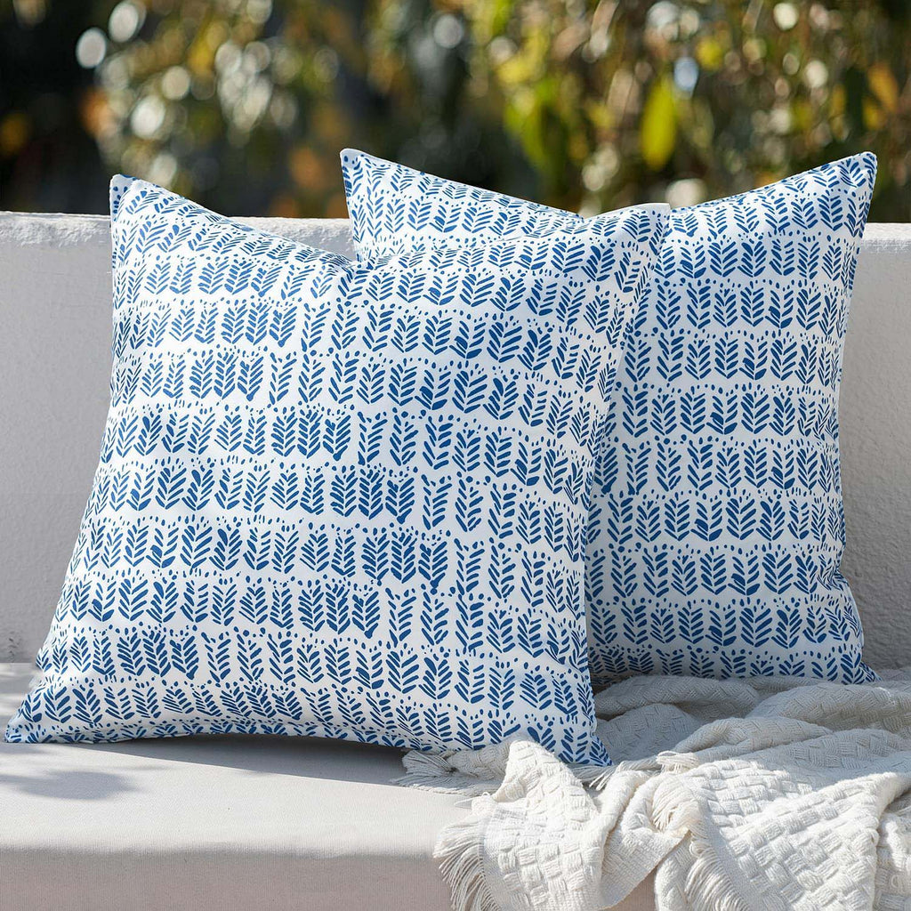 2 Pack Royal Blue Leaves Outdoor Throw Pillows With Inserts