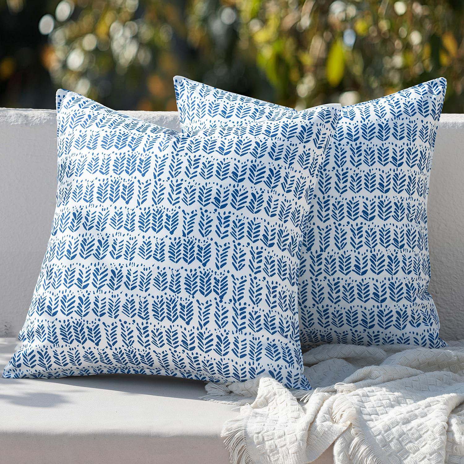 2 Pack Royal Blue Leaves Outdoor Throw Pillows With Inserts