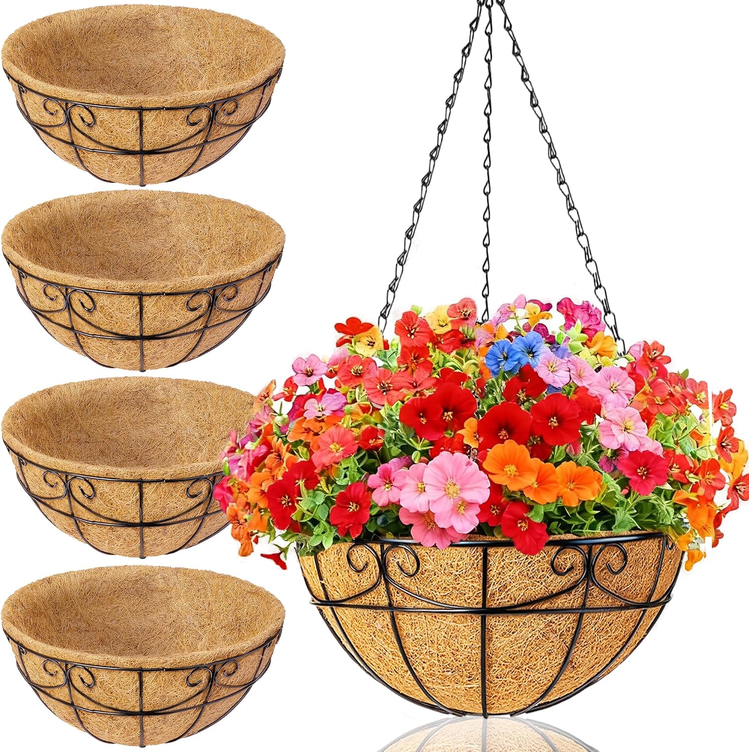 4 Pack Metal Hanging Baskets With Coco Liners
